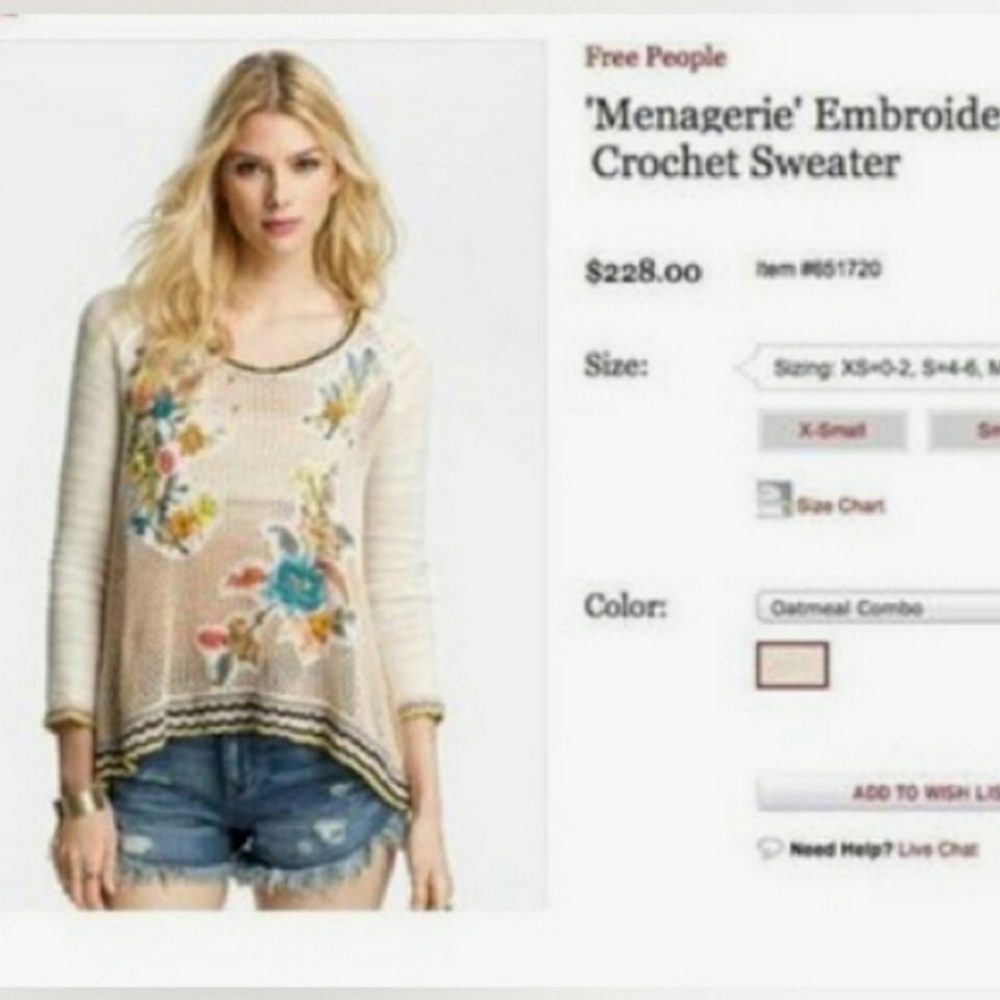 Free People Menagerie Embroidered Crochet Sweater hoodie M